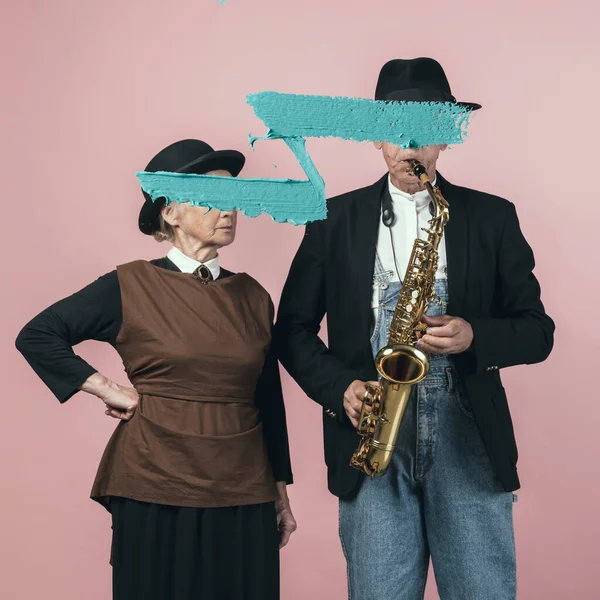 Elderly Man Woman Retro Style Outfits Blue Strokes Faces Retro — 스톡 사진