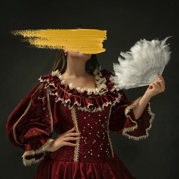 Flirt Young Woman Wearing Historical Outfit Yellow Stroke Paint Her — Φωτογραφία Αρχείου