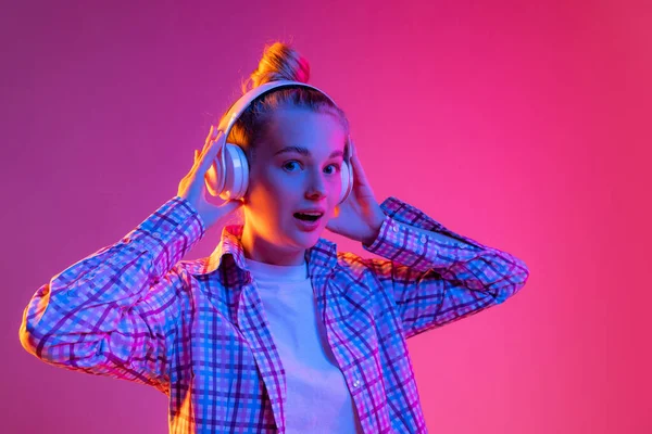 Music Portrait Adorable Young Girl Student Wearing Plaid Shirt Isolated — Fotografia de Stock