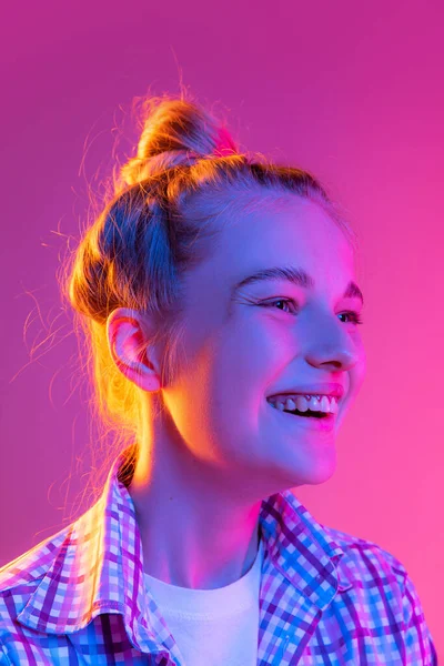 Thrilled Model Portrait Adorable Young Girl Student Wearing Plaid Shirt — Fotografia de Stock