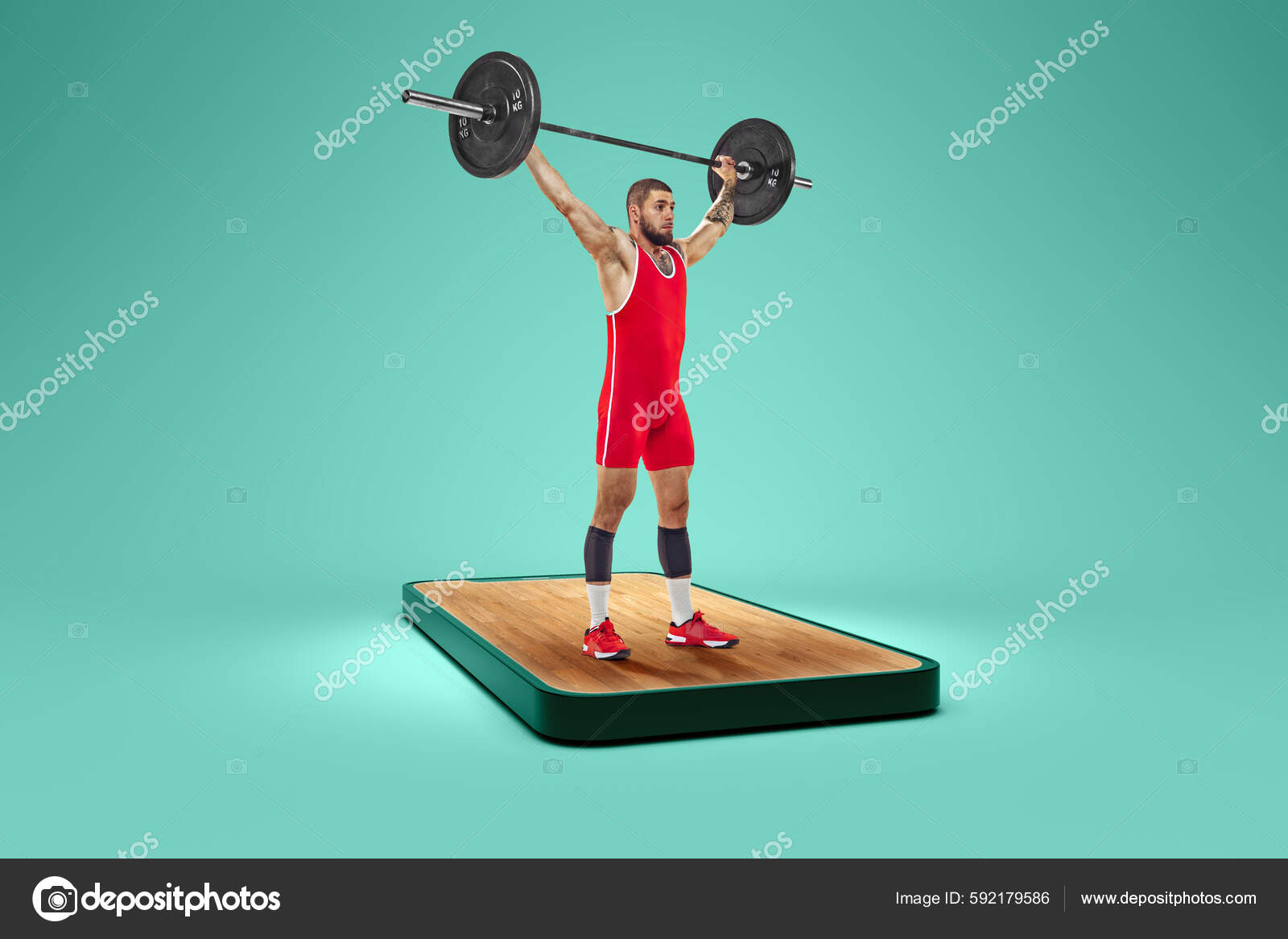 Online Broadcasts Sports Competitions Strong Man Weightlifter Barbell Standing Phone Stock Photo by ©vova130555@gmail 592179586