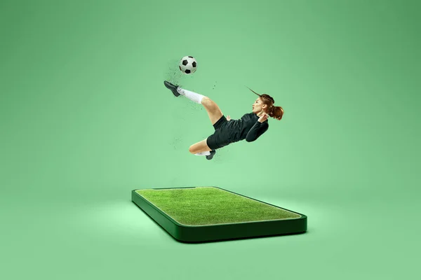 Online Broadcasts Sports Competitions Creative Collage Young Female Soccer Player — Photo