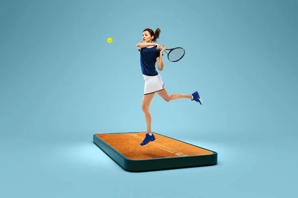 Transmissões Online Competições Desportivas Colagem Criativa Mulher Jovem Jogador Tênis — Fotografia de Stock