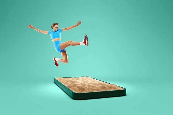Creative Collage Young Female Long Jumper Jumping Sand Phone Screen — Φωτογραφία Αρχείου