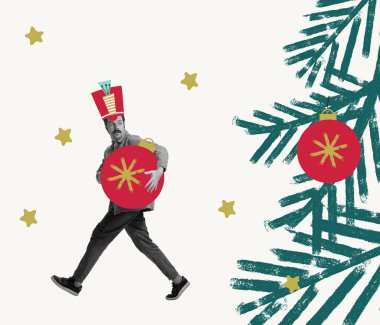 Contemporary art collage. Creative design with man in carnival costume celebrating winter holiday, putting on decorations. Concept of holiday, winter vacation, New Year, Christmas, creativity, fun, ad