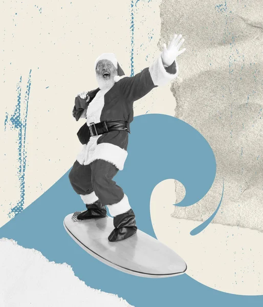 Contemporary art collage. Creative design. Senior man in image of Santa Claus surfing, making joy. Merry time. Concept of holiday, winter vacation, New Year, Christmas, creativity, fun, ad