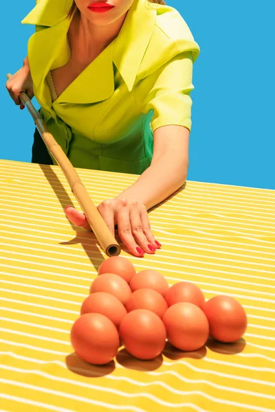 Creative Image Female Hands Playing Billiards Hitting Egg Balls Cue — Stockfoto