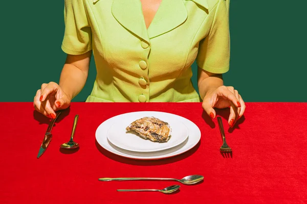 Food Pop Art Photography Cropped Image Woman Eating Oyster Red — 스톡 사진