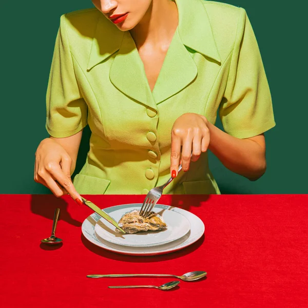 Food Pop Art Photography Cropped Image Woman Eating Oyster Red — Zdjęcie stockowe