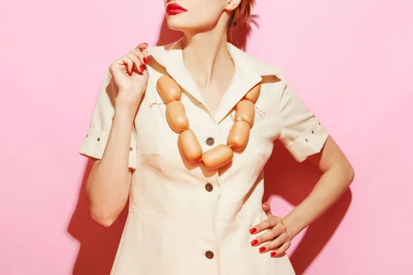 Cropped Image Woman Having Necklace Made Sausages Creative Food Advertisement — стоковое фото