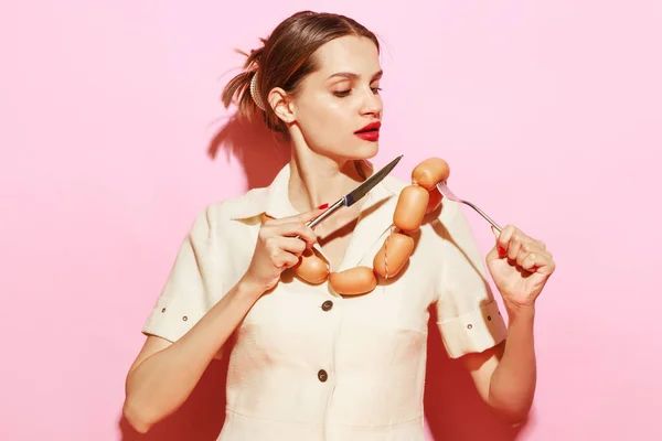 Image Woman Having Necklace Made Sausages Creative Food Advertisement Eating —  Fotos de Stock