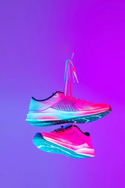 Image Fashionable Sports Shoes Sneakers Isolated Colored Neon Background Urban — ストック写真