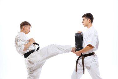 Beyaz arka planda karate antrenmanı yapan iki sporcu, karate dövüşçüleri. Spor, eğitim, beceri, dövüş sanatları, sağlıklı yaşam tarzı ve