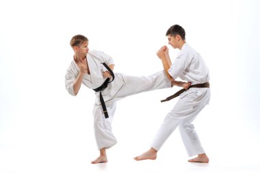 Bacak tekmesi. Beyaz arka planda karate antrenmanı yapan iki sporcu, karate dövüşçüleri. Spor, eğitim, beceri, dövüş sanatları, sağlıklı yaşam tarzı ve