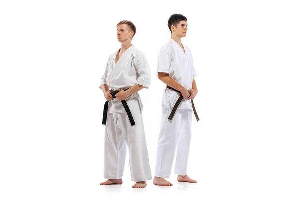 Mesterképzés Tanulóval Két Sportoló Karate Harcosok Doboks Gyakorló Karate Elszigetelt — Stock Fotó