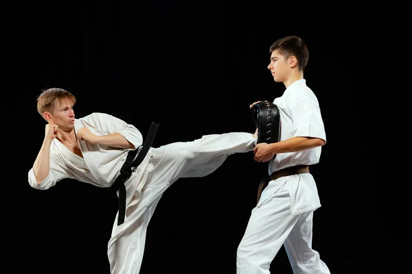 Karate Fight Two Male Karatedo Fighters Sports Uniform Training Together — Stockfoto