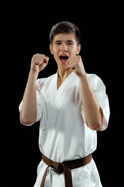 Winner Emotions Portrait Young Man Karate Fighter White Kimono Black — Stockfoto