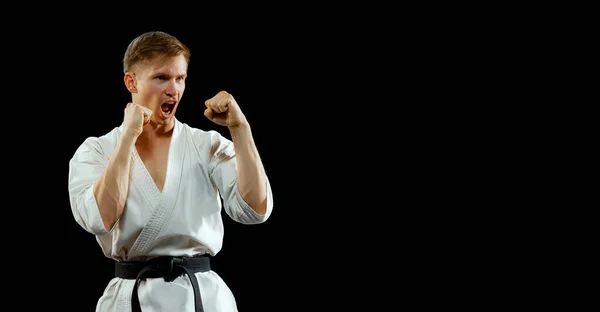 Defense Stance Portrait Young Man Karate Fighter White Kimono Black — Fotografia de Stock