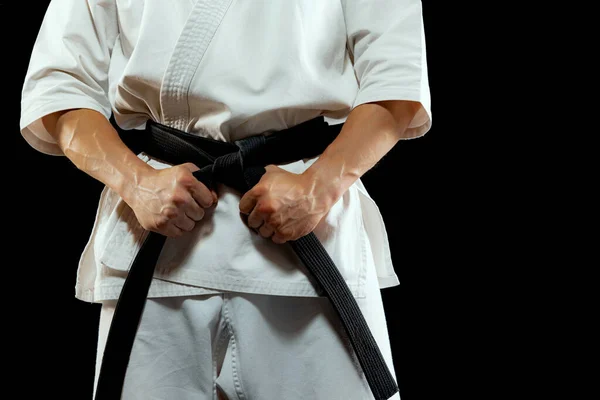 Erő Erő Vágott Kép Férfi Karate Harcos Fehér Kimonó Fekete — Stock Fotó