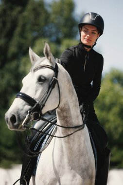 Portrait of young woman, female rider training at riding arena in summer day, outdoors. Dressage of horses. Horseback riding. Concept of sport, grace, ad, active lifestyle