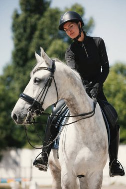 Equestrian sport. Portrait of young woman, female rider training at riding arena in summer day, outdoors. Dressage of horses. Horseback riding. Concept of sport, grace, ad, active lifestyle