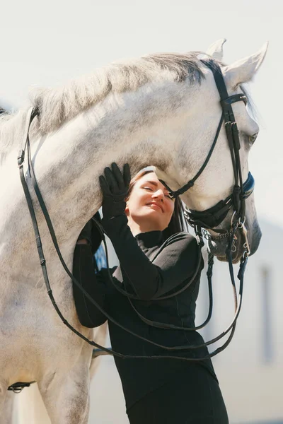 Beauty Grace Happy Young Beautiful Woman White Adorable Horse Summer — Foto de Stock