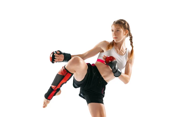 Junior Female Mma Fighter Sports Uniform Gloves Training Isolated White — ストック写真