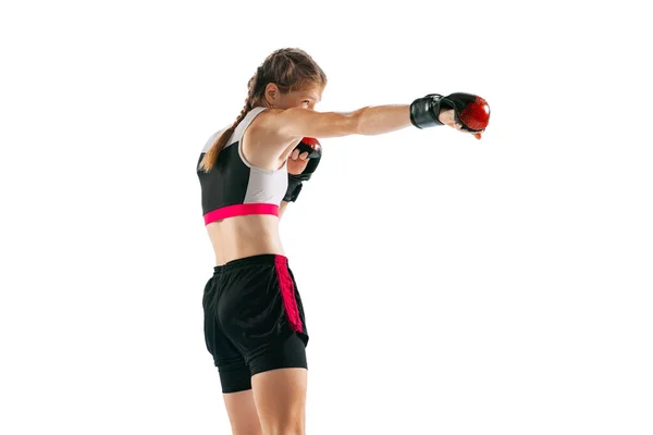 Junior Female Mma Fighter Sports Uniform Gloves Training Isolated White — Zdjęcie stockowe