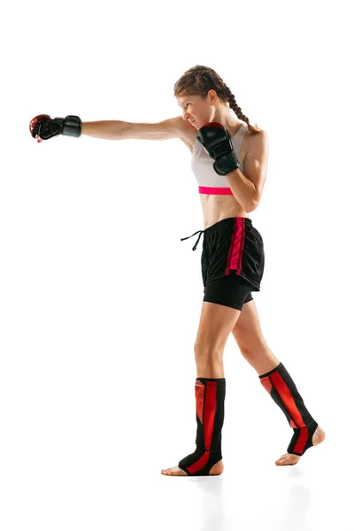 Punching One Sportive Teen Girl Professional Mma Fighter Action Motion — Zdjęcie stockowe