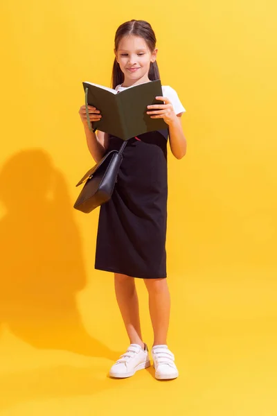 Reading Book Pretty Schoolgirl Kid Wearing Modern School Uniform Isolated —  Fotos de Stock