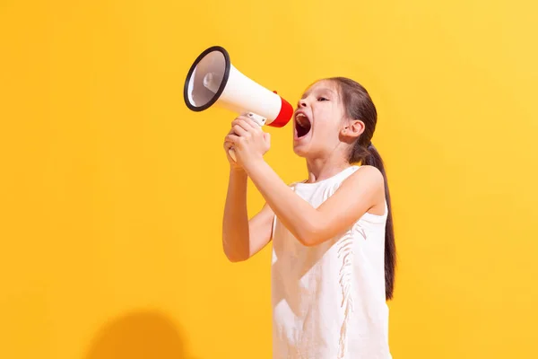 News Sales Emotional Cute Girl Kid Shouting Megaphone Isolated Bright — Stock fotografie