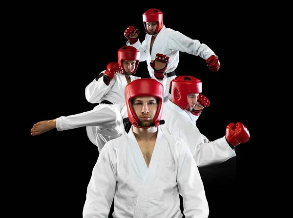 Male Taekwondo Fighter White Dobok Helmet Gloves Training Isolated Dark — 스톡 사진