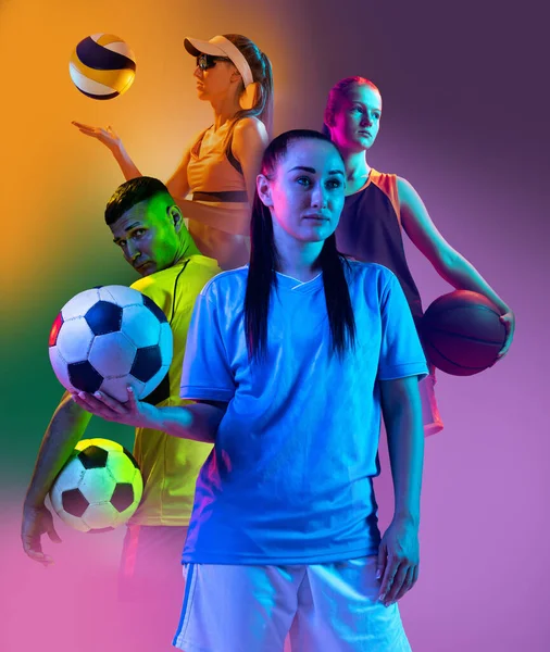 Composite Image Young Different Athletes Soccer Football Volleyball Basketball Players — Foto Stock