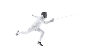 Base movements. Dynamic portrait of young man, fencer in in fencing costume with sword in hand training isolated on white background. Athlete practicing in motion, action. Copyspace for ad.