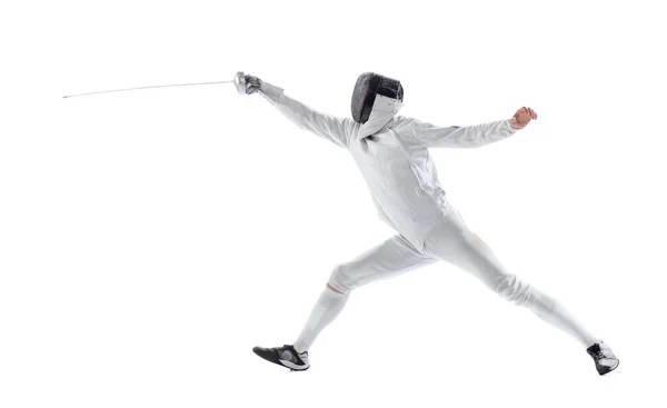 Thrust Rapier Young Man Fencer Fencing Costume Sword Hand Training — ストック写真