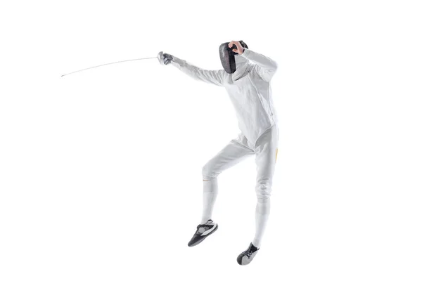 Attack Dynamic Portrait Young Man Fencer Fencing Costume Sword Hand — Stok fotoğraf