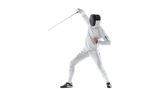 Thrust Rapier Young Man Fencer Fencing Costume Sword Hand Training — ストック写真