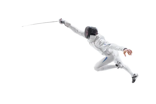 Aerial View Male Fencer Fencing Costume Mask Holding Smallsword Training — Stock Photo, Image