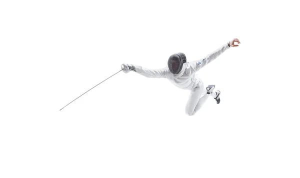 Aerial View Male Fencer Fencing Costume Mask Holding Smallsword Training — Foto de Stock