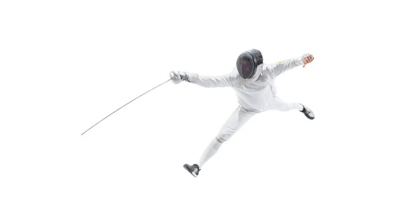 Aerial View Male Fencer Fencing Costume Mask Holding Smallsword Training — Foto Stock