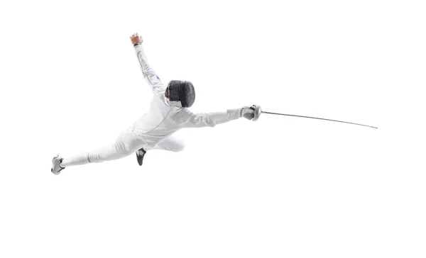 Aerial View Male Fencer Fencing Costume Mask Holding Smallsword Training — Foto Stock
