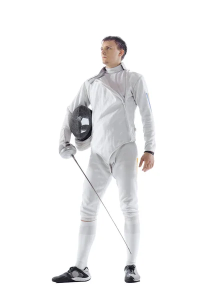 Portrait Professional Male Fencer Fencing Costume Mask Holding Smallsword Isolated — Stockfoto