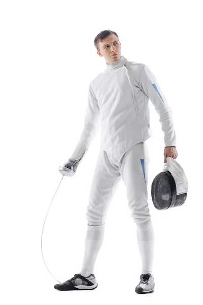 Portrait Professional Male Fencer Fencing Costume Mask Holding Smallsword Isolated — Foto de Stock