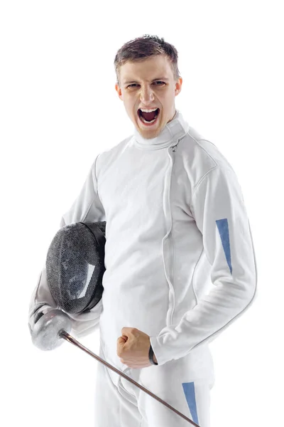 Winner Emotions Professional Male Fencer Fencing Costume Mask Holding Smallsword — Foto Stock