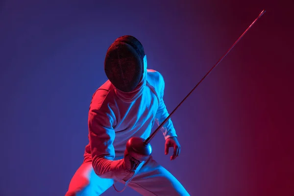 Fight Swordplay Male Fencer Smallsword Practicing Fencing Isolated Purple Background — стоковое фото