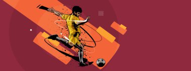 Çağdaş sanat kolajı. Profesyonel erkek futbol oyuncusu soyut retro renklerin arka planında topa vuruyor. Spor, başarılar, medya, bahis, haber, reklam