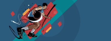 Enerji. Profesyonel basketbol oyuncusuyla spor kolajı. Top, retro renklerde geometrik arka planda izole edilmiş. Takım sporu, rekabet, hareket, lider, reklam, şov kavramı. Klasik stil