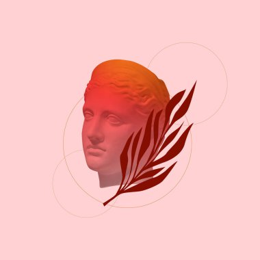 Eski bir heykel büstü ve renkli arka planda fotokopi alanı olan bitkiler. Çağdaş sanat kolajı. Modern tasarım neon renkli çalışmalar. Şık ve modaya uygun kompozisyon..