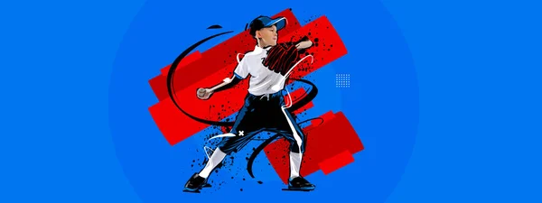 Contemporary collage with little boy, junior baseball player in sports uniform over colored background with abstract elements. Concept of achievements, abilities and skills. Palette in retro colors