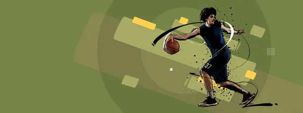 Energy Sport Collage Professional Basketball Player Motion Ball Isolated Retro — Fotografia de Stock